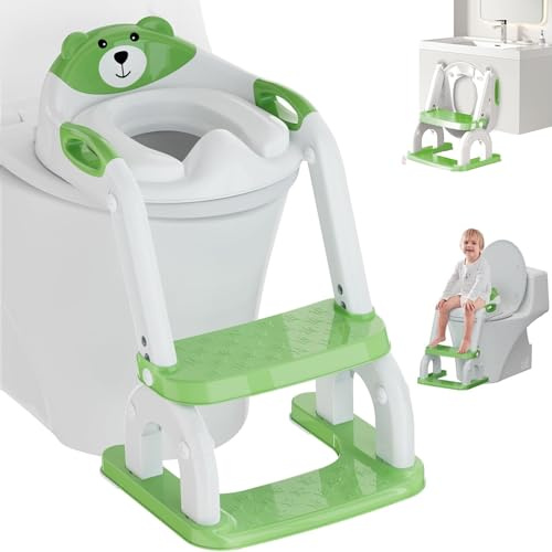 Oskuglin Adaptador WC Infantil con Escalera, Plegable, Ajustable, Verde | A partir de 1 año, también como taburete de baño, con asiento de PP, base antideslizante y protector antisalpicaduras