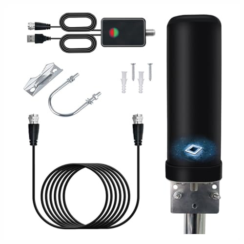 Antena TV Interior Exterior, IP66 Antirrayos Antena TV Potente Recepción de 360° con Amplificador y Cable Coaxial de 13M para DVB-T DVB-T2 1080P 4K DTMB VHF FM