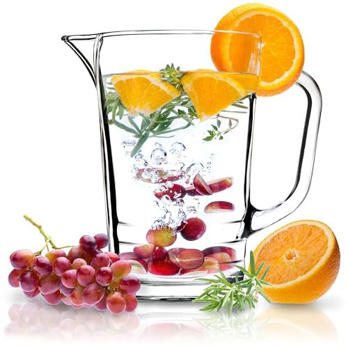 KADAX Jarra de Vidrio Transparente con una Capacidad de 1.23 Litros, Jarra de Cristal con Asa para Servir Bebidas Frías como Agua, Leche, Zumos, Limonadas y Más