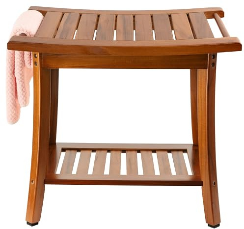 Utoplike Teak Shower Bench Seat with Handles, Wooden Spa Bathing Stool with Storage Shelf, 2-Tier Large Waterproof Chair for Bathroom and Bedroom, Livingroom Use