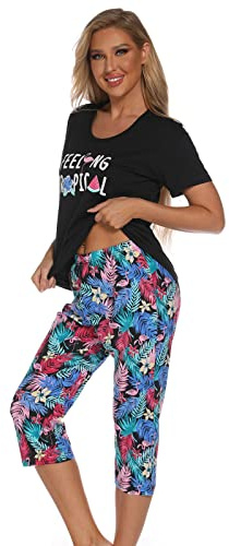 Misscoo Dam pyjamasset ärmlös myskläder capribyxor för kvinnor damer flickor studenter bomull vår sommar pyjamas set nattkläder nattkläder nattlinne, nr7, S