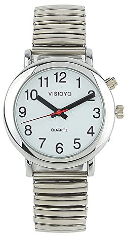 VISIONU Deutsch sprechende Uhr mit Alarmfunktion, Anzeige von Uhrzeit und Datum, weißem Zifferblatt, elastischem Kordelzug TUG-S201G