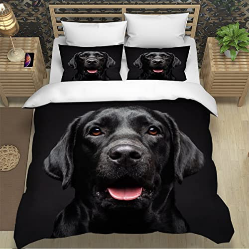 ZXLLO Bettbezüg 135x200 Labrador Retriever 3D Bettwäsche-Sets kuschelig Leicht Mikrofaser 3 Teilig Schwarzer Hund Bettwäsche versteckter Reißverschluss mit 2 Kissenbezug 80x80cm für Jungen Mädchen