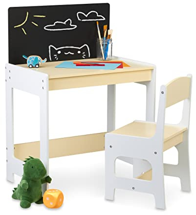 Relaxdays Mesa y Silla Infantil con Pizarra, Muebles para Niños, Unisex, para Pintar y Hacer Manualidades, Blanco/Beige