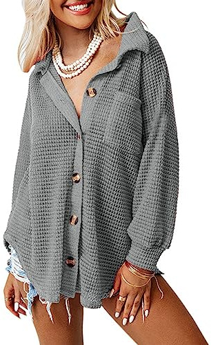 Dokotoo Womens Vintage Button Down Shirts Long Sleeve Button Up Pocket Blouses Ladies Loose Fit Waffle Knit Shacket Dressy Solid Color Boyfriend Tops Gray Small