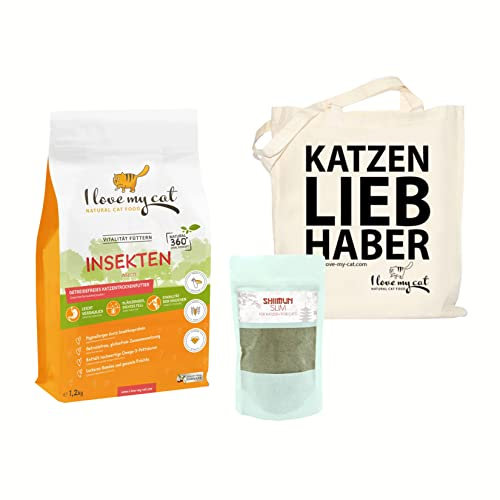 I Love my Cat Futterset für Übergewichtige Ernährungssensible mit Getreidefreies Trockenfutter mit Insekten 1,2 kg und Nahrungsergänzungs mit Shiitake 50 g