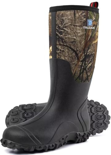 Trudave Rubber Boots for Men with Steel Shank, Waterproof Insulated Reliable Rain Boots for Outdoor Work Hunting, Warm Dry 5mm Neoprene Anti-slip All-Season Mud Boots, Size 5-14