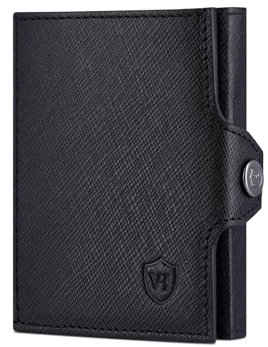 VON HEESEN Slim Wallet mit XL Münzfach & RFID-Schutz - Mini Geldbörse Herren & Damen - Kartenetui Kreditkartenetui - Portmonee Geldbeutel Portemonnaie klein Schwarz Saffiano