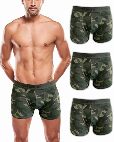 USA Griffin Calzoncillos bóxer para hombre, ropa interior para hombre, pantalones cortos de algodón, 3 unidades, Camuflaje Olive, XL