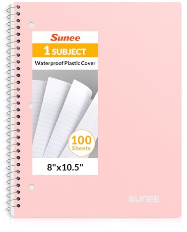 SUNEE Spiral Notebook, 1-Subject, College Ruled Paper, 8 x 10-1/2, 100 Sheets per Notebook, 3-Hole Punched Paper, Water Resistant Cover, Double-sided Pockets, Spiral Lined Notebooks for Work, Pink