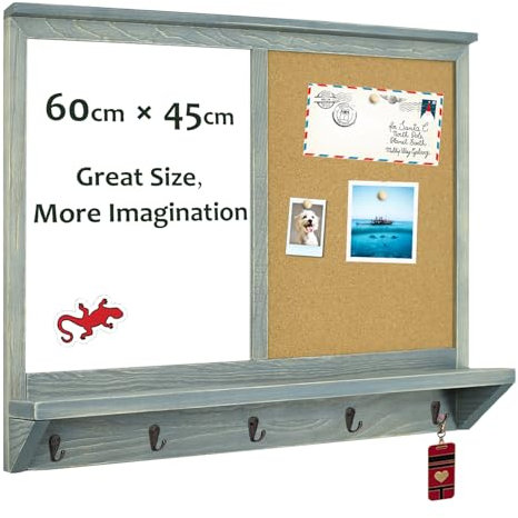 Umtiti 45 x 60 cm Wall Mounted Whiteboard and Cork Board Sign with Hooks, Whiteboard & Bulletin Board Combo,Solid Pine Wood Vintage Gray Frame(ZSB-4560GY)