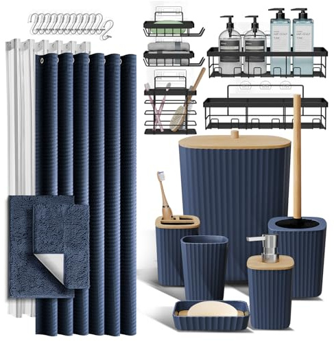 Juego de Accesorios de baño y Organizador de Ducha con alfombras de baño, Juego de Accesorios de baño de 27 Piezas con organizadores de Ducha, alfombras de baño Azul Marino, Juego de Cortina de Ducha
