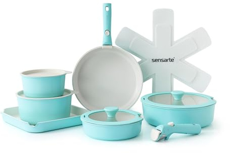 SENSARTE Ensemble de casseroles et poêles en céramique 17 pièces, ustensiles de cuisine avec poignée détachable antiadhésive, ustensiles de cuisine à induction avec poignée amovible, passe au