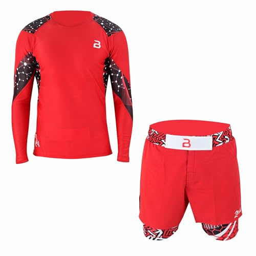 2BOLD MMA, BJJ Long Sleeve Compression Rash Guard Shirt For Men, Jiu Jitsu Compression Shorts 2PC Quick Dry Workout Gym Set (Red, Small)