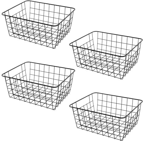 TAICHEUT 4 PCS 28x22x12cm Wire Storage Baskets, Black Metal Baskets, Multifunctional Iron Art Storage Wire Pantry Basket for Kitchen, Bathroom, Bedroom, Living Room, Cabinet