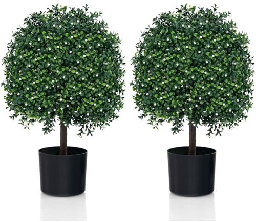 RELAX4LIFE Buchsbaumkugel Künstlich, 2er Set Kunstpflanze 55cm, Künstlicher Buchsbaum mit Früchten & Topf, Dekobaum für Indoor & Outdoor, Künstliche Topfpflanze (Weiß)
