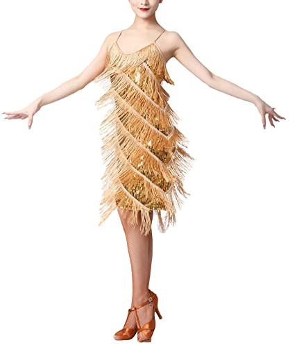 FYMNSI Robe brillante pour femme avec pompons, col en V, robe de danse latine, robe à franges, pour samba, tango, salsa, chacha, or, S