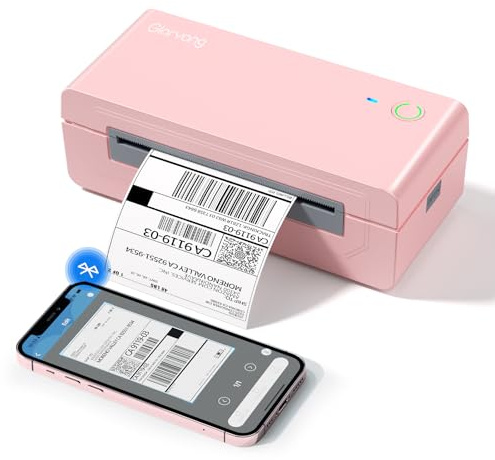 Gloryang Bluetooth termisk fraktetikettskrivare, 4 x 6 bläckfri etikettmaskin för iOS, Android, bärbar dator, trådlös skrivare för små företag, kompatibel med Amazon, UPS, Shopify, rosa