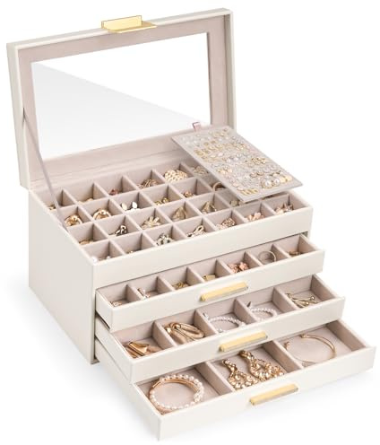 Lolalet Caja de almacenamiento para pendientes, organizador de joyas grande con 4 niveles, color blanco