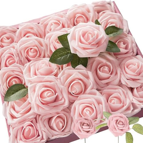 poraceous 25 Piezas Rosas Artificiales, Realista Ramo de Rosas con Tallo Largo, Espuma Rosa Claro para Decoración de Bodas, Aniversario, Decoración del Hogar, Jardín, Hoteles (Rosa Claro)