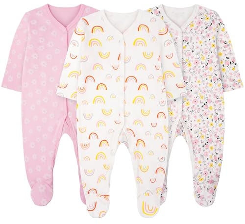 Vicloon Pyjama Bébé, 3PCS Dors Bien Manches Longues Bébé, 100% Coton Combinaison avec Pieds Bébés, Nouveau-Né Vêtements Fille/garçon 0-12 Mois,Idée Cadeau Naissance