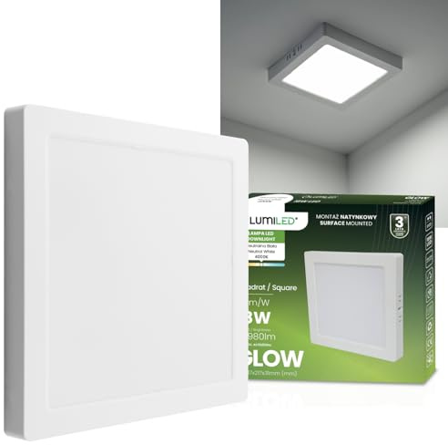 Lumiled LED-bygglampa, taklampa, kvadratisk, platt, vit, 18 W, 4 000 K, neutral vit, 1980 lm, energisparande, modern lampa för vardagsrum, sovrum, kök, hall, kontor, monterad