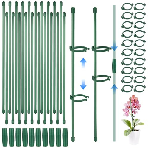 20 Pcs Tutores para Plantas Trepadoras, 30 cm Tutor Plantas, Estacas de Soporte Ajustables para Plantas de Exterior, Flores, Tomates y Verduras, con 40 Clips, 40 Tapas y 10 Tubos de extensión