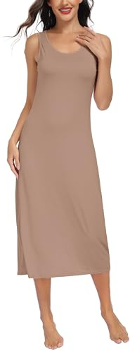 Lovasy Fond de Robe Longue Lingerie Femme en Modal sous Robe Élégant Col Rond avec Bretelles Larges Sexy Slip Chemise de Nuit Antistatique Gainant,A-Marron foncé,XL