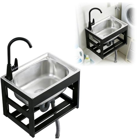 Lavandino a parete con ripiano in alluminio nero -Lavandini for interni ed esterni in acciaio inossidabile 304 Vasca for lavanderia, multiuso(52X38X35X18cm)