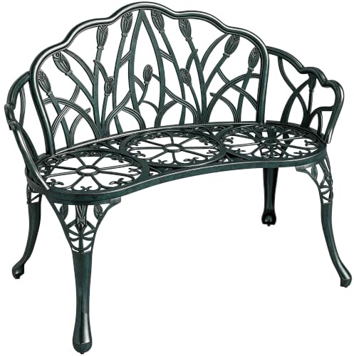 Outsunny Banc de Jardin en Aluminium moulé, Banc extérieur 2 Places avec Dossier Tulipe, Assise Florale et accoudoirs, antirouille, pour terrasse, Patio, pelouse, 99 x 57 x 78 cm, Vert Antique