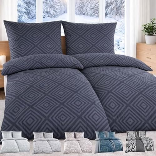 MALIKA Biber Bettwäsche 4-teilig 135x200 cm - 100% Baumwolle Feinbiber, kuschelig warm & weich angeraut - Winter Bettwäsche Set mit 2 Kissenbezügen 80x80, Größe:2X 135x200 + 2X 80x80 cm
