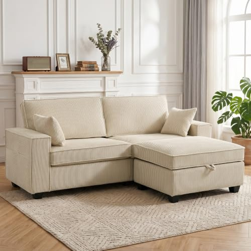 HOMCOM Canapé 3 Places avec Pouf de Rangement, Canapé d'angle 216 cm Beige | Velours Côtelé, Assise Large, Accoudoirs Larges, 2 Coussins, Coussins à Ressorts, Poches Latérales, Salon, Chambre