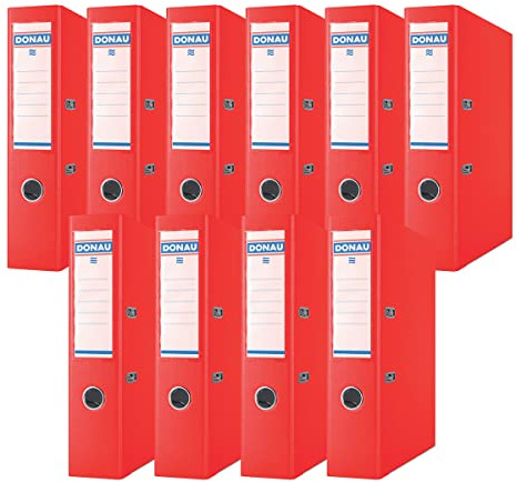 Donau Lot de 10 Classeurs de Bureau/Fins Format A4 7,5 cm avec Couverture en Plastique PP/Carton/Rouge/Classeurs à Anneaux en D