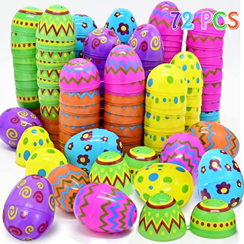 72Pcs Plastic Printed Bright Easter Eggs, 2.4 Assorted Colors Fillable Eggs Bulk for Kids Easter Hunt/Event, Easter Gifts Party Favor, Basket Stuffers Fillers, Empty Easter Eggs Filling Treats