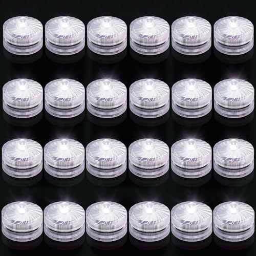 Mini Submersible LED Light, White Waterproof Flameless Candle Tealights, Underwater Pool Lights for Vases, Weddings, Birthdays, Festivals, Events, and Parties (24 Pack)