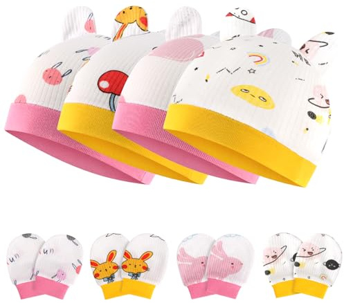 Aolso Gorros y Guantes para Bebés,4 Juegos de Sombreros y Guantes de Bebé,Juego de Sombreros y Manoplas de Algodón para Bebés Niñas Niños,Gorros Beanie para Bebé Recién Nacidos