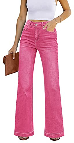 Roskiky Pantalon évasé pour femme, taille haute, jambes larges, baggy, jean, stretch, Rose chaud, XXL