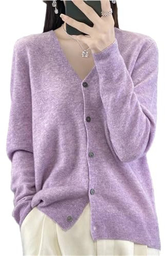Bciopll Cardigan da donna in lana con scollo a V e cashmere, lavorato a maglia, con bottoni, Viola chiaro, XXL