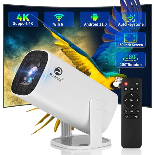 Projektorer, Podazz Miniprojektor 4K-stöd – med WiFi6 BT 5.4 Android 11, bärbar projektor med automatisk horisontell korrigering, 180° vridbar smart projektor, hem, Cinema