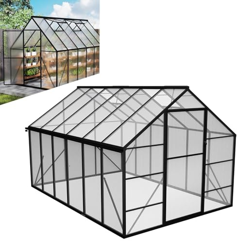 LZQ Serra da giardino in alluminio, 340 x 180 x 195 cm, porta scorrevole e lucernario, resistente all'inverno, per l'allevamento di pomodori
