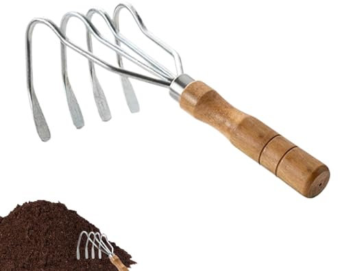 Griffe À Main,Outil À Coquillages avec Manche en Bois | Râteau Multifonction 4 Dents pour Jardin Lac Ferme Étang Camping Coquillages Pelouse Et Rochers