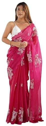 Flosive Women's Embroidered Sparkly Organza Saree with Unstitched Blouse
