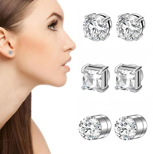 ZORVYN 3 paires de boucles d'oreilles magnétiques, non perforantes, pour homme et femme, rondes/carrées (argentées)