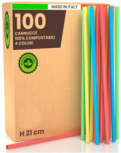 100 Cannucce Colorate Rigide per Cocktail 100% Ecologiche e Riutilizzabili - Cannucce Lunghe 21 cm x 6,8 mm Biodegradabili e Compostabili - Made in Italy - per Bevande Eventi Feste