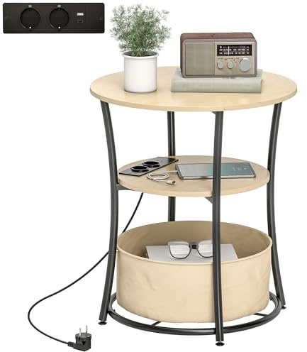 HOMCOM Mesa Auxiliar Redonda de 3 Niveles con Estación de Carga, Mesita Auxiliar Industrial con 2 Estantes Abiertos, Bolsa de Almacenaje, para Salón, Dormitorio, Librería, Ø50x55,1 cm, Madera Natural