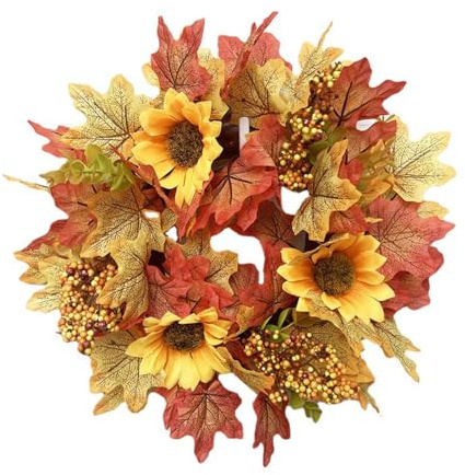 Corona de Puerta de Otoño, Coronas de Otoño para Puerta Delantera, 30cm Guirnalda Puerta, Corona Artificial con Hojas de Arce, Bayas Rojas Naranjas y Girasoles, para Cualquier Escenario