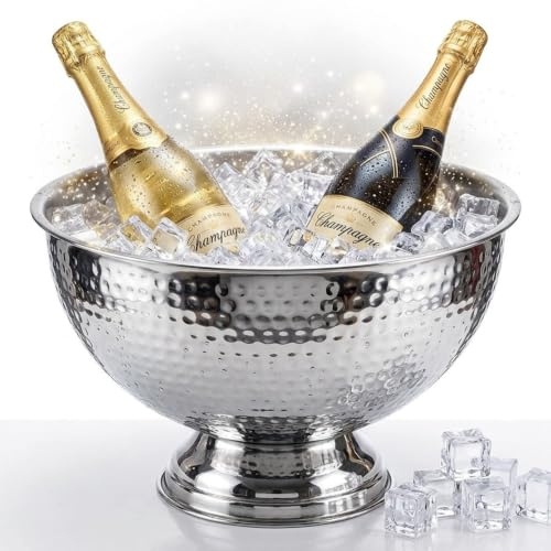 AURANACS® Bourgogne | Champagnerschale aus Edelstahl | Spiegelpoliert & Hammerschlag | Großer Sektkühler Ø 40cm | Weinkühler mit tiefem Standfuß | Elegantes Design für Partys & Events