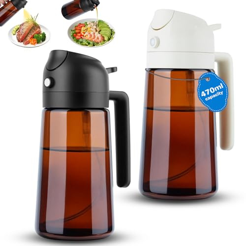 JRHSLCXLT 2 Pack 470ml Olive Oil Sprayer & Dispenser Set, 2 in 1 Glass Oil Spray Bottle, Light Blocking, Oil Mister for Air Fryer, Cooking, Salad, BBQ, Kitchen Gadgets Accessories, Black + White