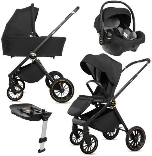 BabyLux® Barnvagn 4-I-1-Set Rosso, Hopfällbar Lättviktskombi Barnvagnsset Inkl. Resevagga, Buggy, I-Size Barnstol, Bilbarnstol, 4 Justerbara Lägen, 0–22 kg (0–4 år), UV-Skydd 50+, Ventilation