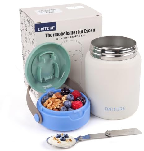 Daitore termobehållare för mat 480 ml, rostfritt stål varmhållningsbehållare med sked, värmebehållare termoskål med lock, termisk lunchlåda för lunch, soppor, gröt, babygröt, vit